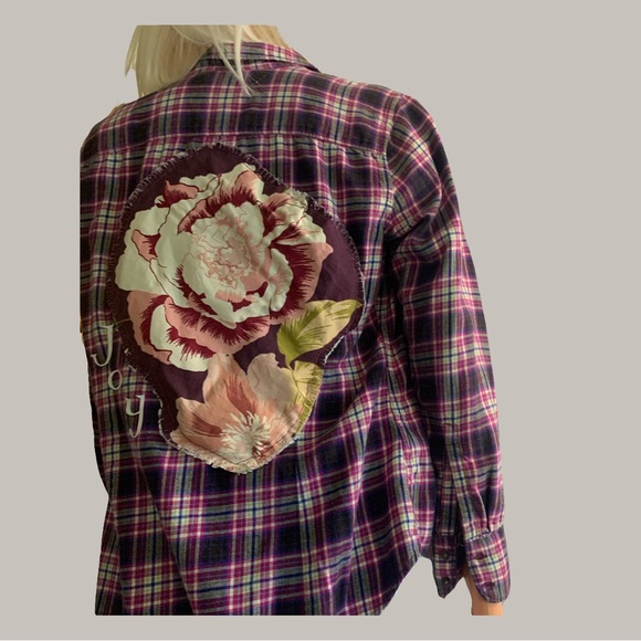 Upcycled Purple Flannel Button Down with Homemade Floral Appliquép on Back - Picture 3 of 10